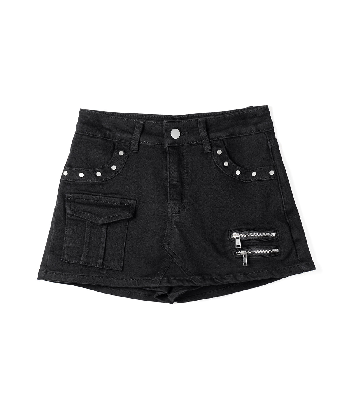 スタッズジップデザインストレッチデニムミニスカパン／ studs zip design stretch denim mini skirt pants