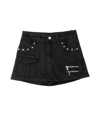 スタッズジップデザインストレッチデニムミニスカパン／ studs zip design stretch denim mini skirt pants
