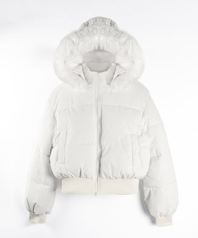 【 フード取り外し可能２ＷＡＹ 】フェイクファーフードショート中綿ジャケット ／ 2WAY fake fur hoodie short fake down jacket