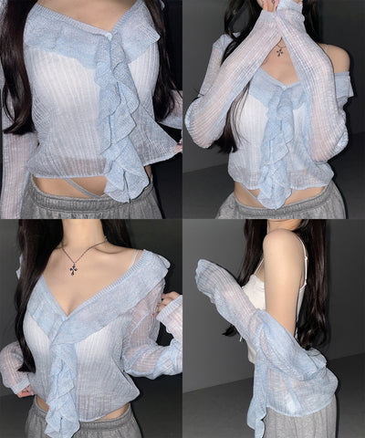 フリルシアールーズニットカーディガン ／ frill sheer loose knit cardigan
