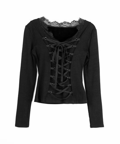 【 クロスネックにできる２WAY 】フロントリボンレースアップスリムカットソートップス ／ 2WAY front ribbon lace up slim cutsew tops