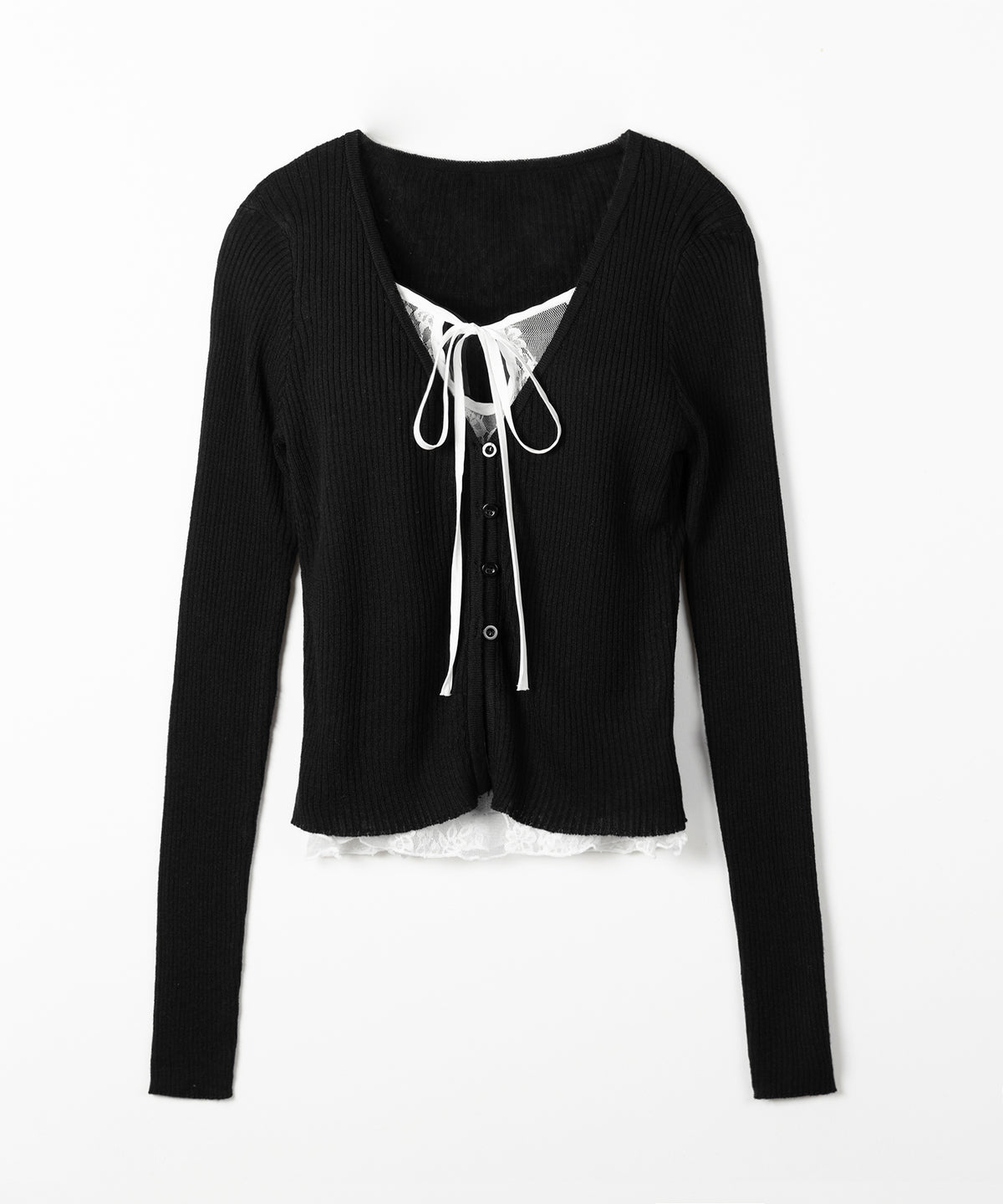 フロントリボンレースレイヤードリブニットカーディガン ／ front ribbon lace layered lib knit cardigan