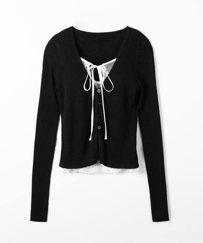 フロントリボンレースレイヤードリブニットカーディガン ／ front ribbon lace layered lib knit cardigan