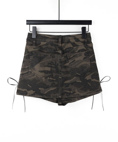 ヴィンテージカモフラレースアップデニムミニスカパン ／ vintage camouflage lace up denim mini skirt pants