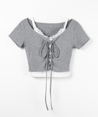 半袖レースアップリボンショートトップス ＋ レースキャミ SET ／ lace up ribbon short sleeve tops + lace cami SET