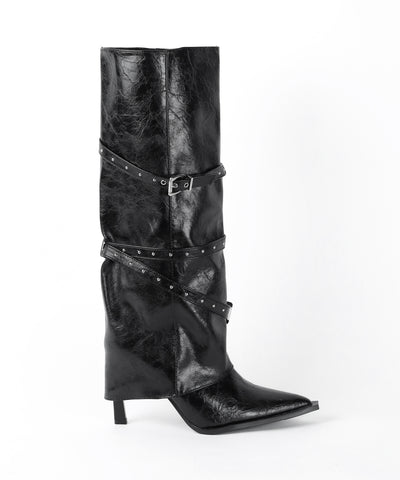 ヴィンテージレザーベルテッドロングカバーブーツ ／vintage leather belted long cover boots