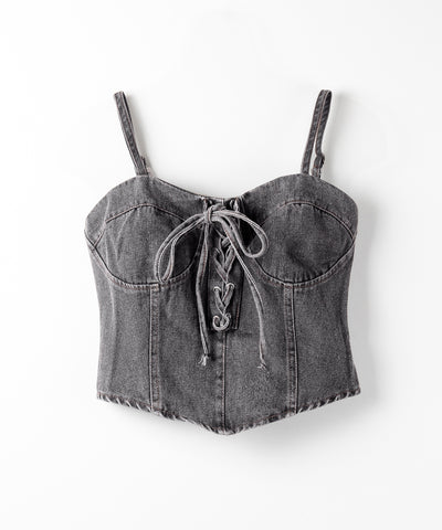 【 ２color 】レースアップリボンコルセットデニムビスチェ ／ lace up ribbon corset denim bustier