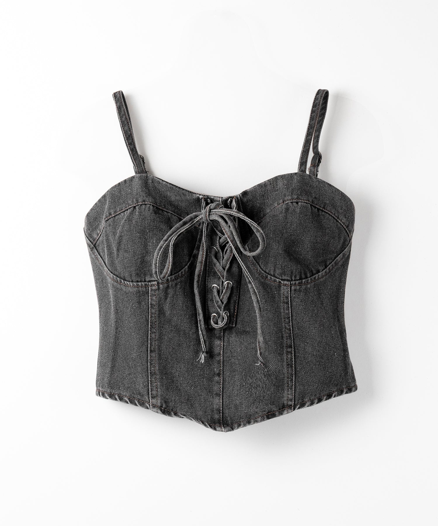 【 ２color 】レースアップリボンコルセットデニムビスチェ ／ lace up ribbon corset denim bustier