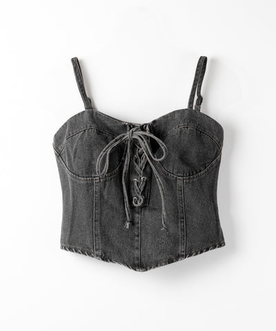 【 ２color 】レースアップリボンコルセットデニムビスチェ ／ lace up ribbon corset denim bustier
