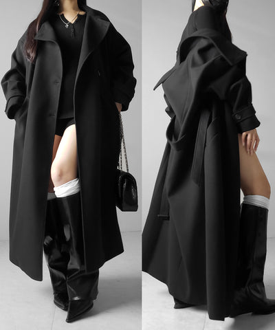 【 ウエストマークベルトSET 】２WAY スタンドカラーレディメルトントレンチロングコート ／ 2WAY stand collar lady melton trench long coat