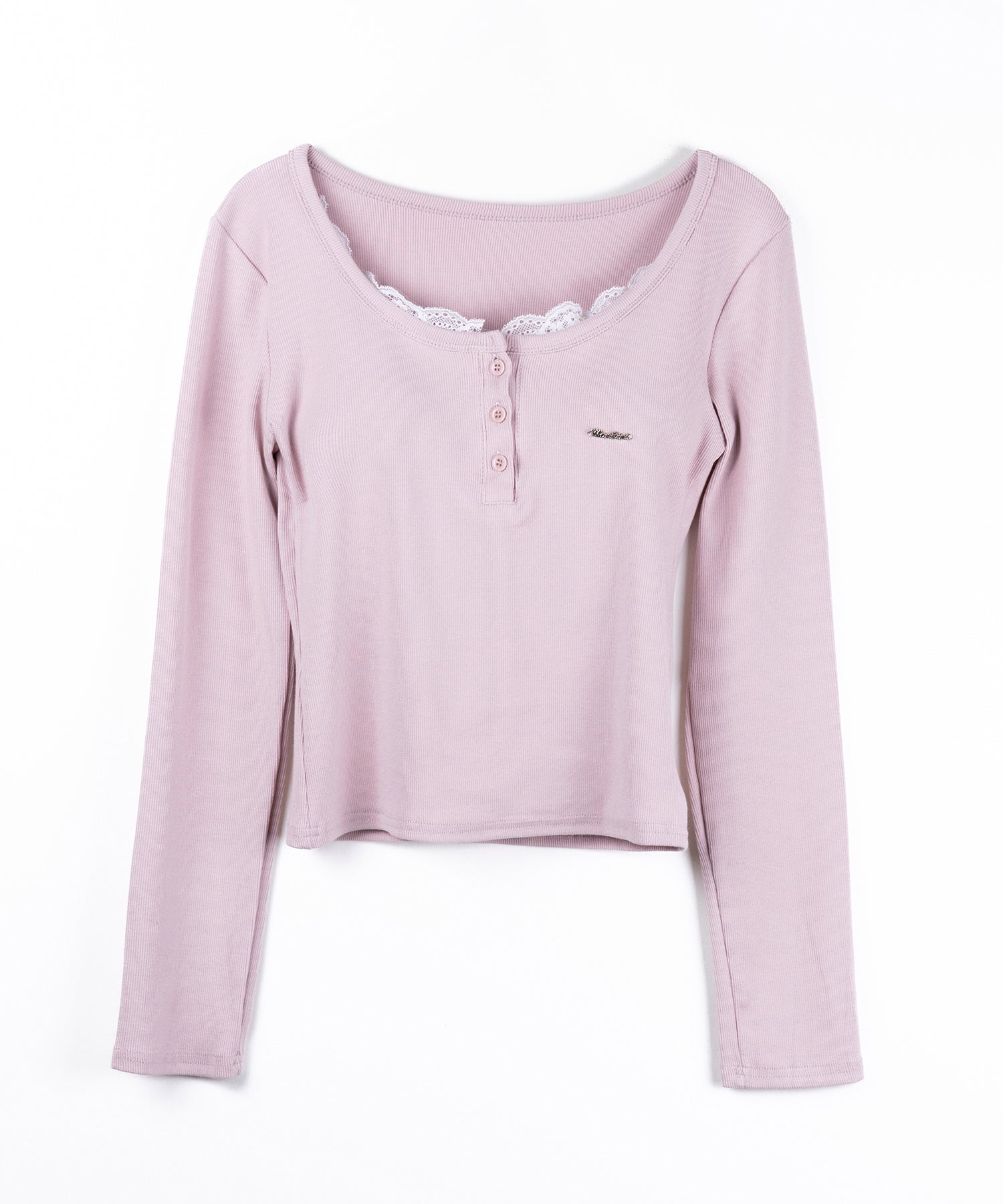 ヘンリーネックロゴプレートレースリブトップス ／　henley neck logo plate lace ribbed tops