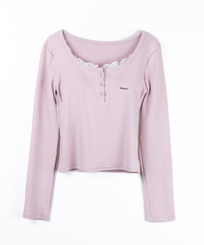 ヘンリーネックロゴプレートレースリブトップス ／　henley neck logo plate lace ribbed tops