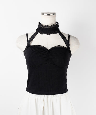 【 ２color ／ カップ付 】レースチョーカーストラップリブキャミソール ／ lace choker strap lib camisole