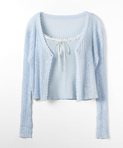 【 ２点セット 】レースリボンニットキャミソール ＋ シアーリブニットカーディガン ／ lace ribbon knit camisole ＋ sheer lib knit cardigan