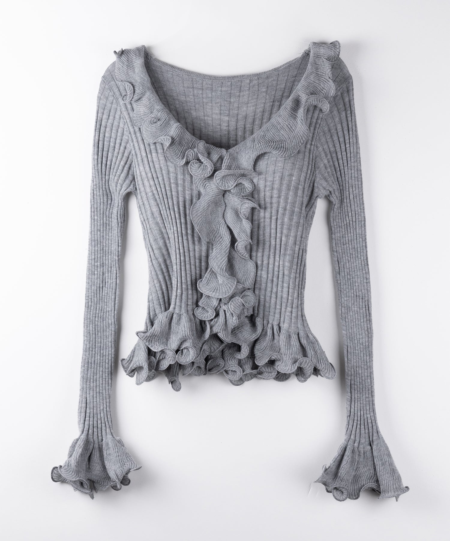 シアーフリル長袖リブニットカーディガン ／ sheer frill long-sleeve ribbed knit cardigan
