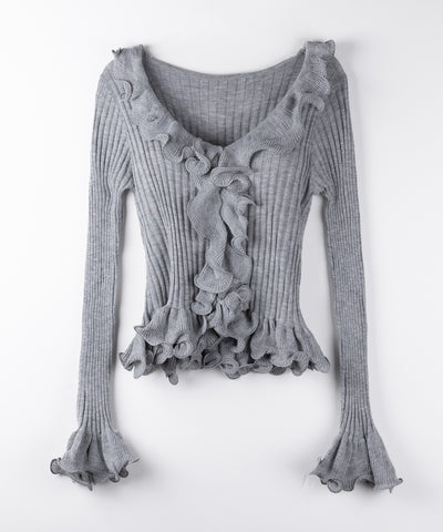 シアーフリル長袖リブニットカーディガン ／ sheer frill long-sleeve ribbed knit cardigan