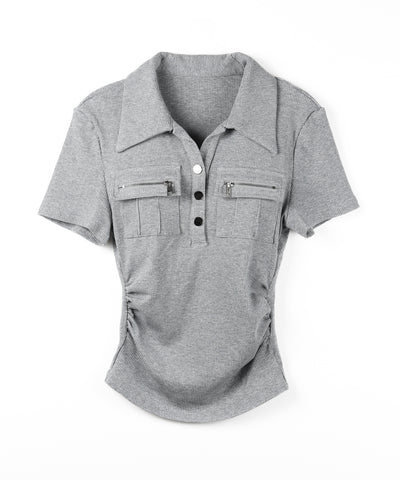 アウトポケットポロネックリブカットソートップス ／ out pocket polo neck rib cutsew tops