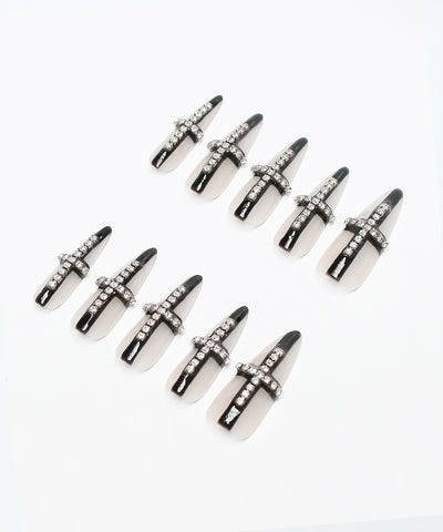 シルバーストーンクロスラインブラックシアースティレットネイルチップ／silverstone cross line black sheer stiletto nail tips