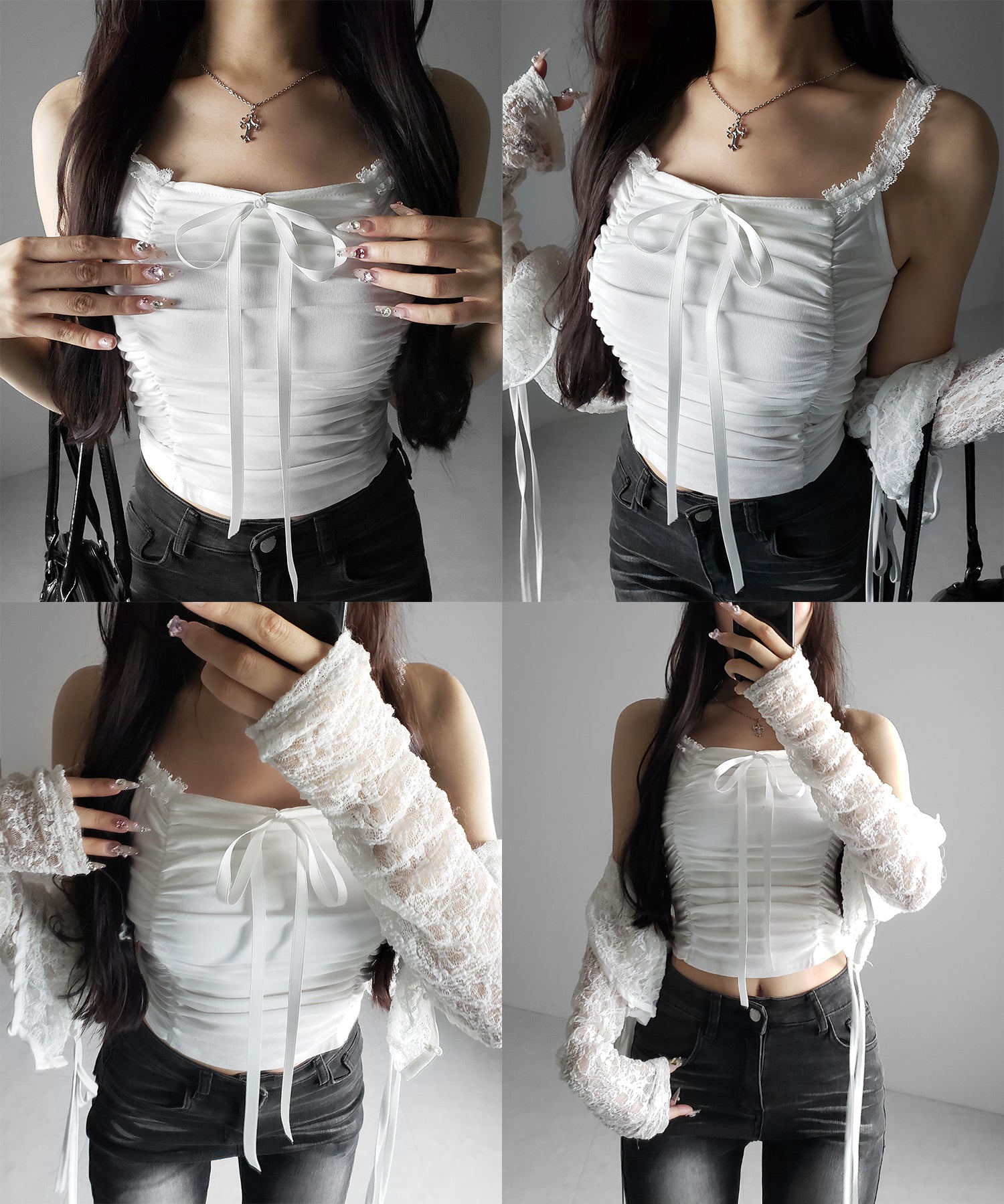 シャーリングギャザーフロントリボンキャミソール ／ shirring gather front ribbon camisole