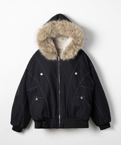 配色ステッチファーフード中綿オーバーブルゾン ／ stitch fur hood fake down over blouson