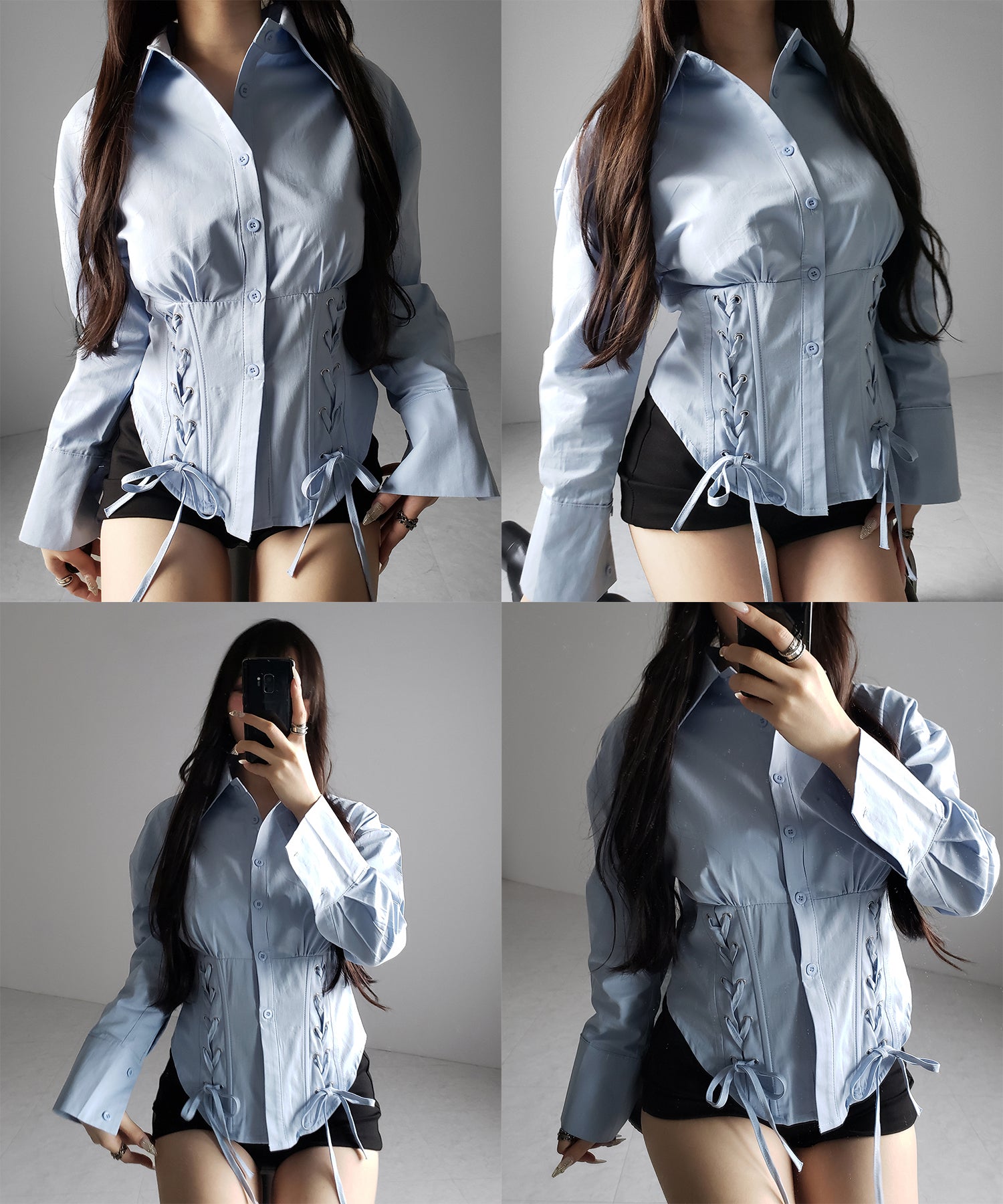 ダブルレースアップリボンシャツ ／ double lace up ribbon shirts