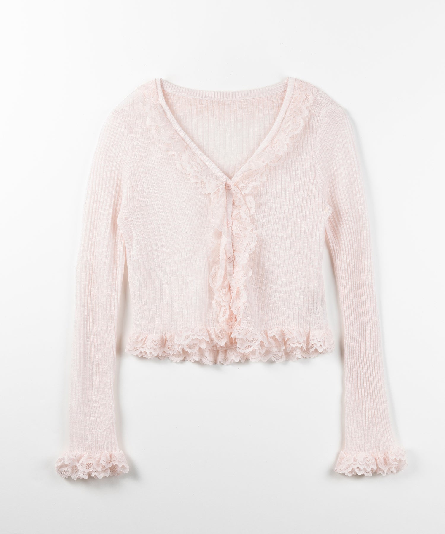 レースフリルシアーニットカーディガン ／ lace frill sheer knit cardigan