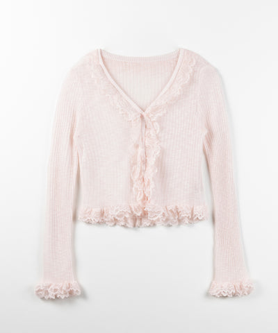 レースフリルシアーニットカーディガン ／ lace frill sheer knit cardigan