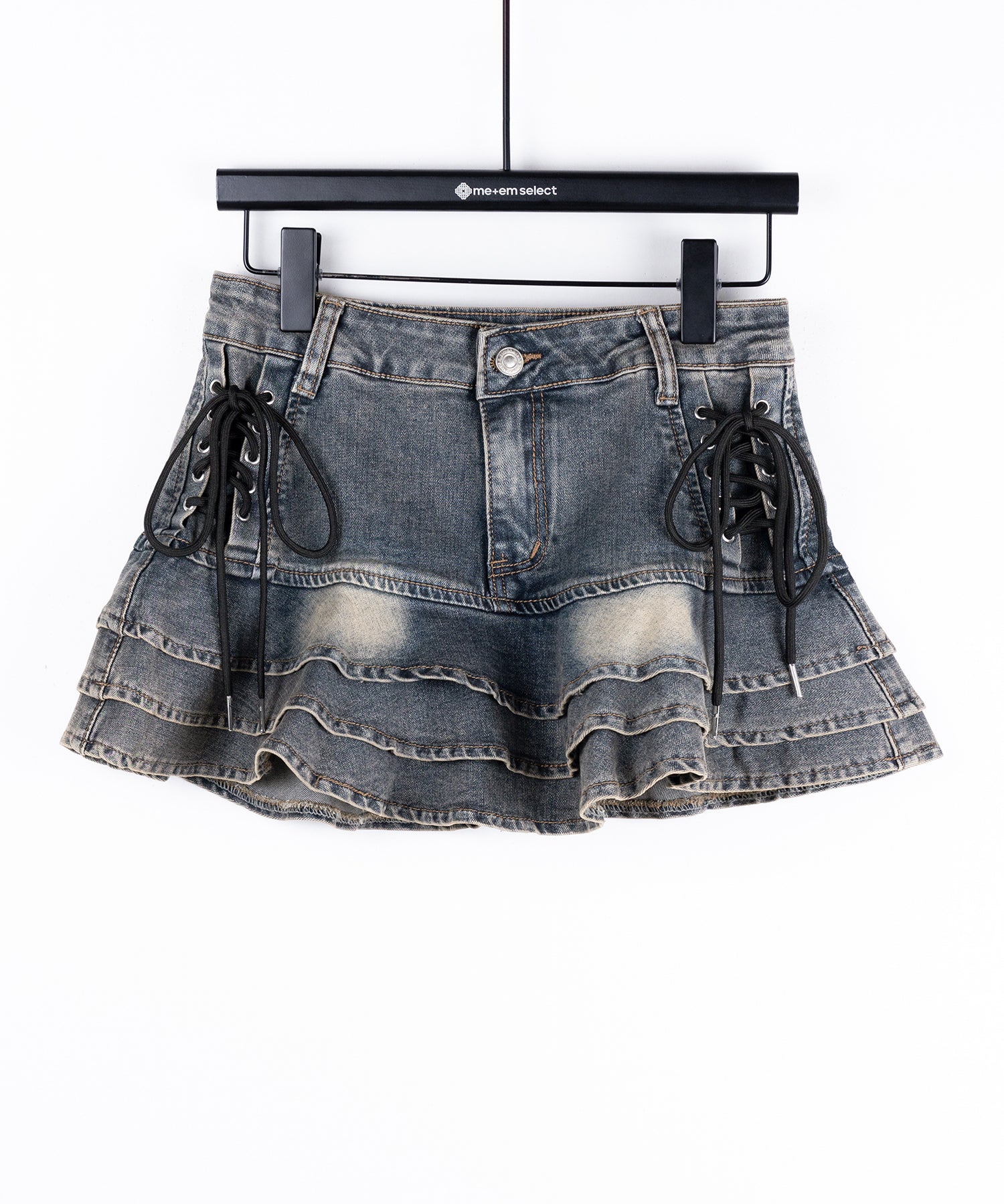 【 インパン裏地付 】レースアップブラックフリルミニスカート ／ laceup black frill mini skirt