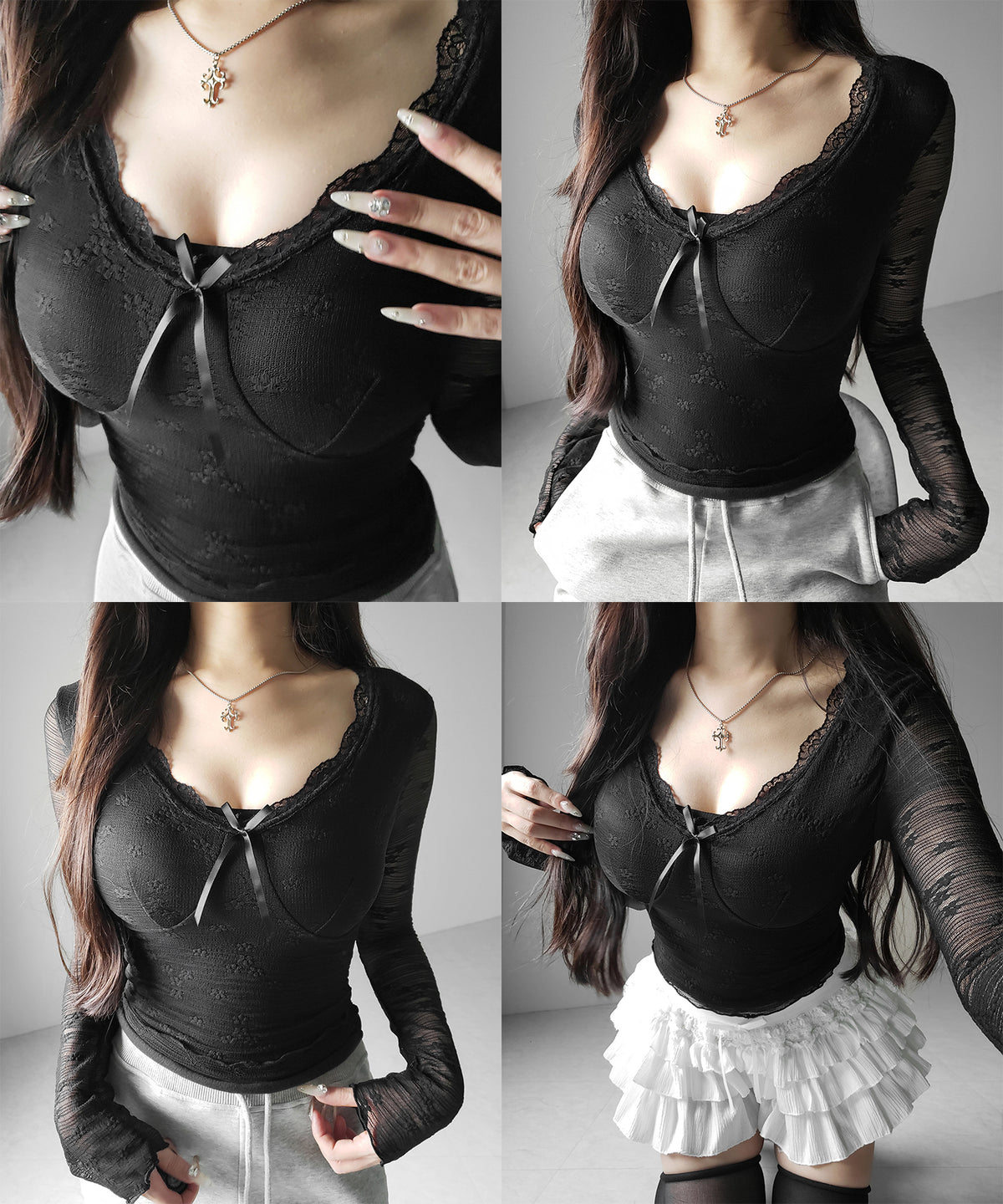 フロントリボンVネックレイヤードレーストップス ／ front ribbon v-neck layered lace tops