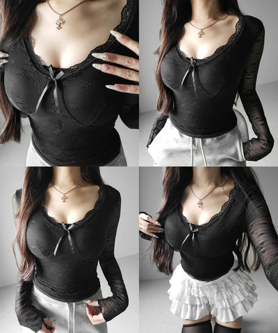 フロントリボンVネックレイヤードレーストップス ／ front ribbon v-neck layered lace tops