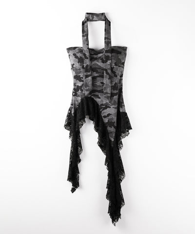 【 限定先行販売 】( choker long tie SET ) vintage camouflage lace frill bare tops