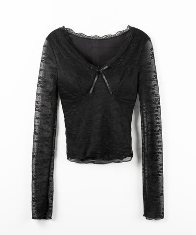 フロントリボンVネックレイヤードレーストップス ／ front ribbon v-neck layered lace tops