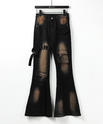 【 ２color ／ ４size 】ベルテッドアウトポケットヴィンテージフレアデニム ／ belted out pocket vintage flare denim
