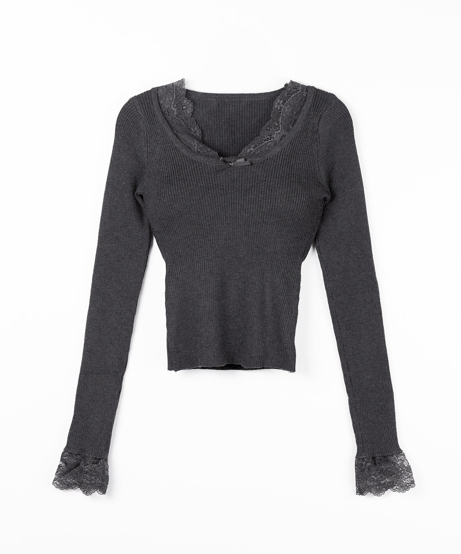 フロントリボンレース切替リブニットトップス ／ front ribbon lace switching ribbed knit tops