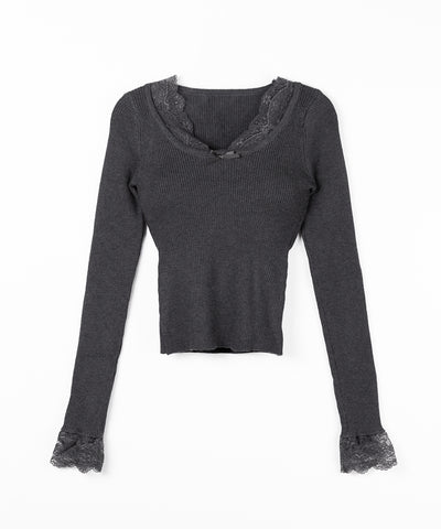 フロントリボンレース切替リブニットトップス ／ front ribbon lace switching ribbed knit tops