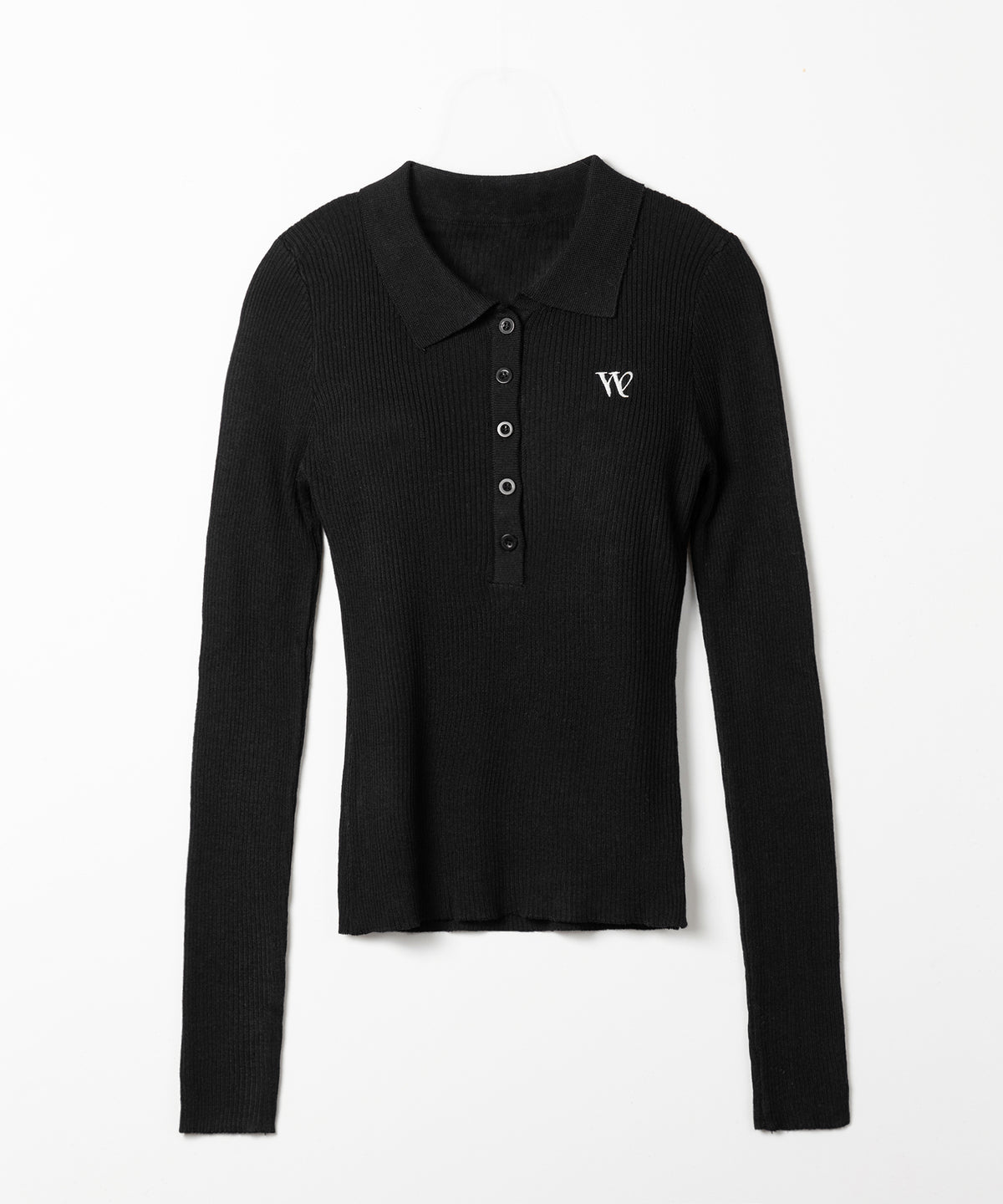 ワンポイント刺繍ポロカラースリムシアーリブニット ／ One-point embroidery polo collar slim sheer rib knit