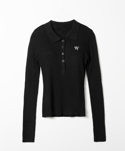 ワンポイント刺繍ポロカラースリムシアーリブニット ／ One-point embroidery polo collar slim sheer rib knit