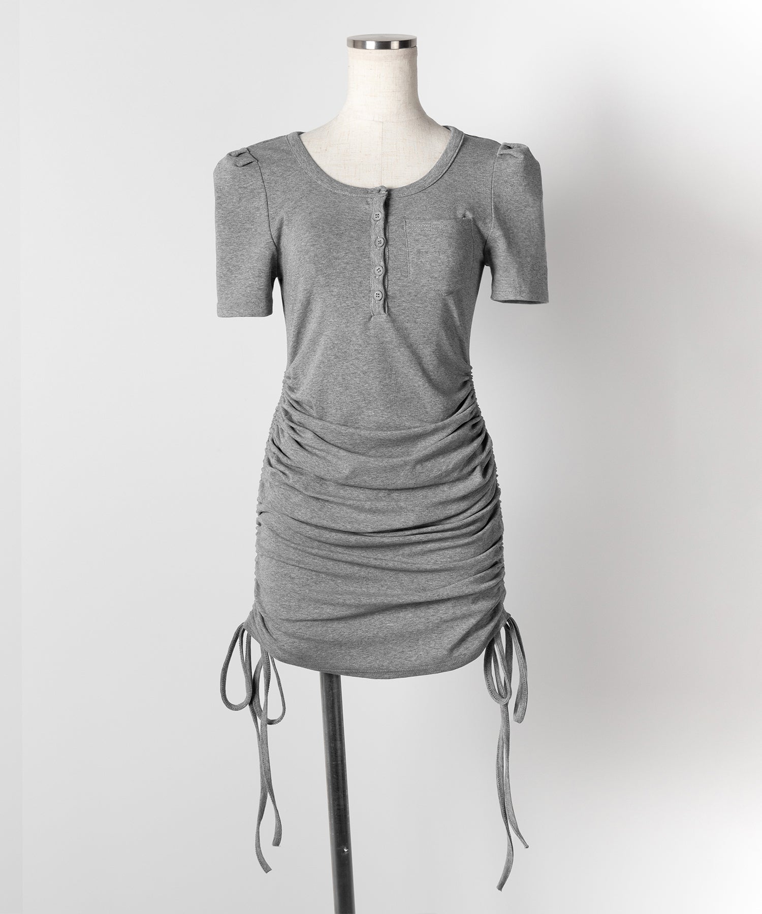 【 ２color 】シャーリングリボンヘンリーネックミニワンピース ／ shirring ribbon henley neck mini onepiece