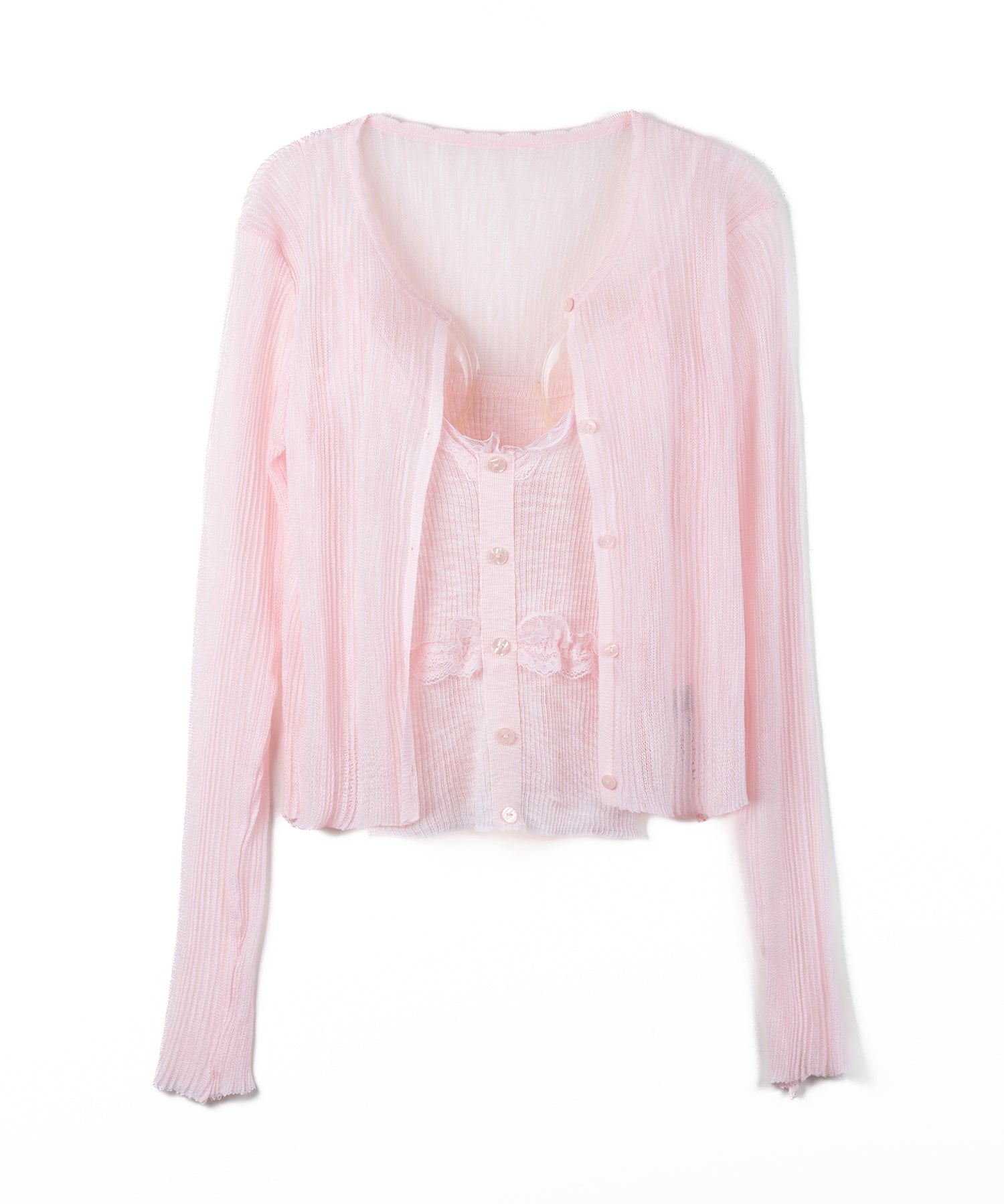 【 2点セット 】フロントレースシアーニットキャミソール ＋カーディガン SET / front lace sheer knit camisole + cardigan set