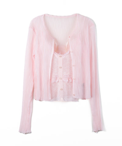 【 2点セット 】フロントレースシアーニットキャミソール ＋カーディガン SET / front lace sheer knit camisole + cardigan set