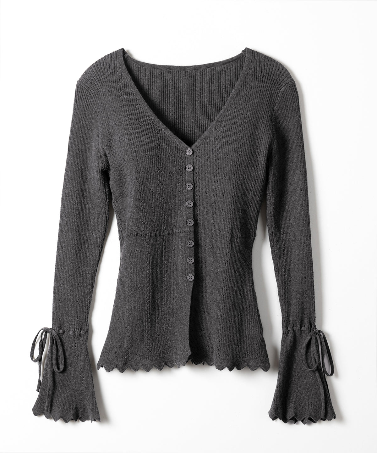 フレアリボンスリーブ透かし編みニットカーディガン ／ flare ribbon sleeve openwork knit cardigan