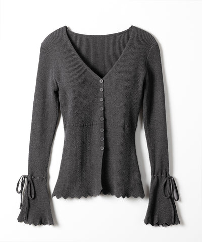 フレアリボンスリーブ透かし編みニットカーディガン ／ flare ribbon sleeve openwork knit cardigan