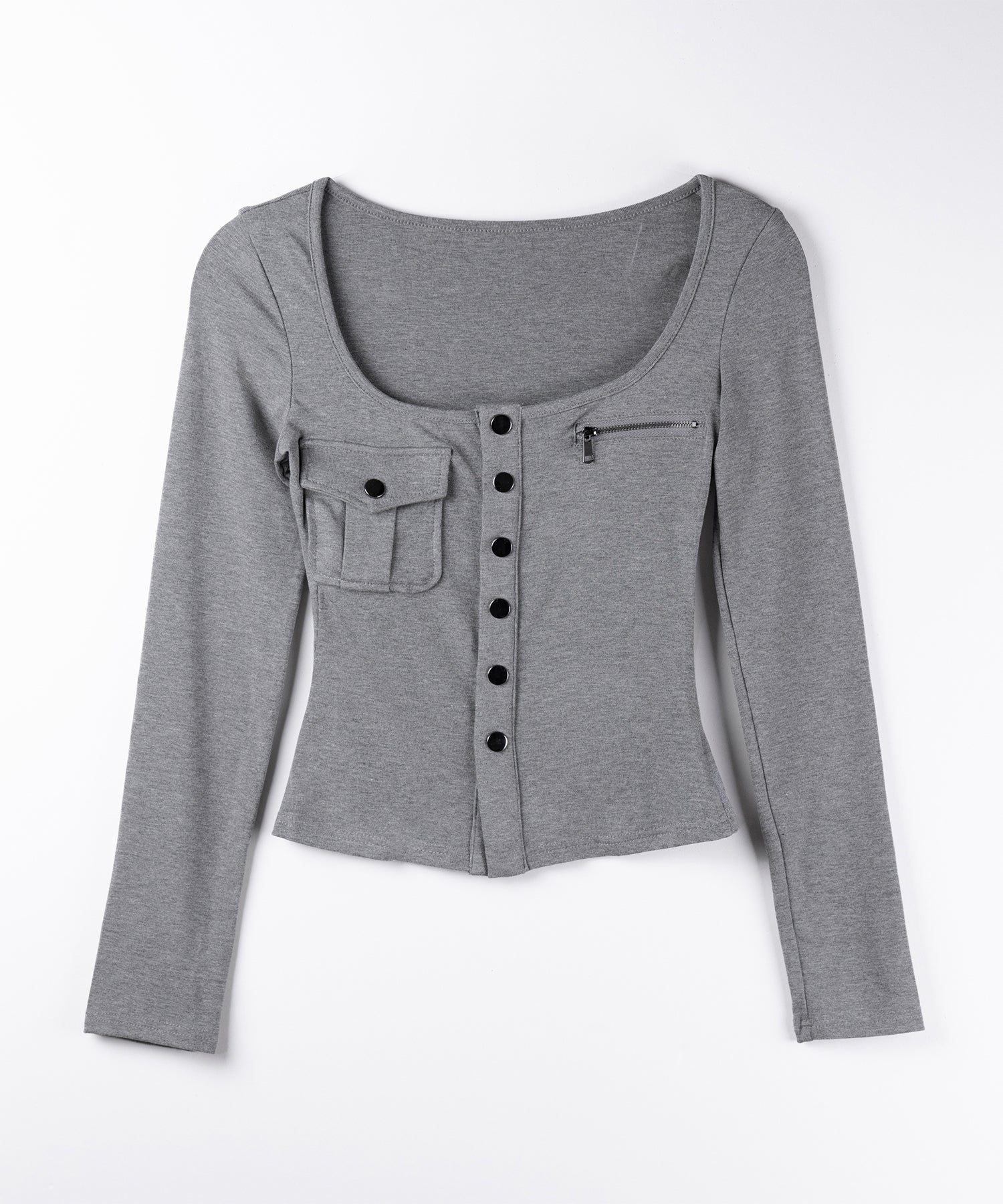 アウトポケットスクエアネック長袖スリムTシャツ ／Out pocket square neck long sleeve slim T-shirt