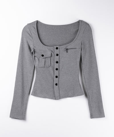 アウトポケットスクエアネック長袖スリムTシャツ ／Out pocket square neck long sleeve slim T-shirt