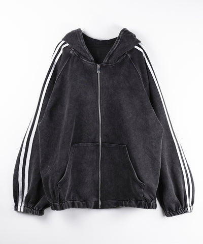 ピグメントヴィンテージ加工サイドラインジップアップパーカー ／ Pigment vintage side line zip-up hoodie