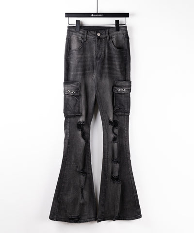 カーゴデザインヴィンテージライクダメージストレッチフレアデニム ／ cargo design vintage-like damage stretch flare denim