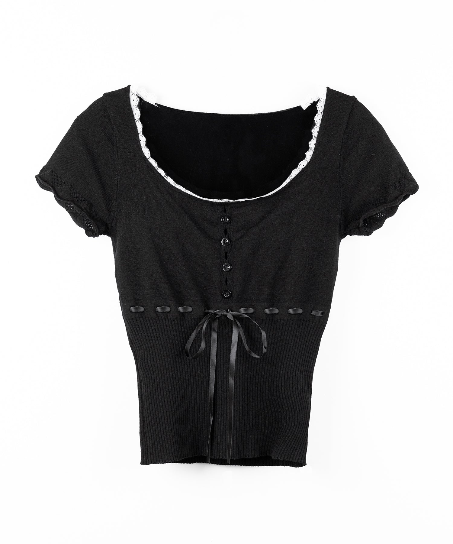フロントリボンスクエア半袖ニットトップス / front ribbon square short sleeve knit tops