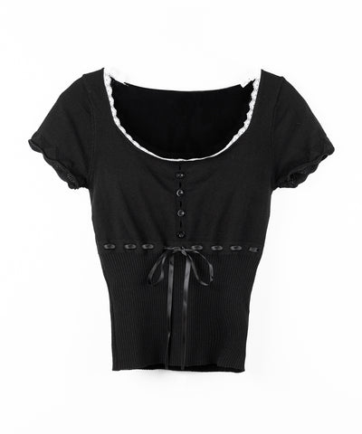 フロントリボンスクエア半袖ニットトップス / front ribbon square short sleeve knit tops