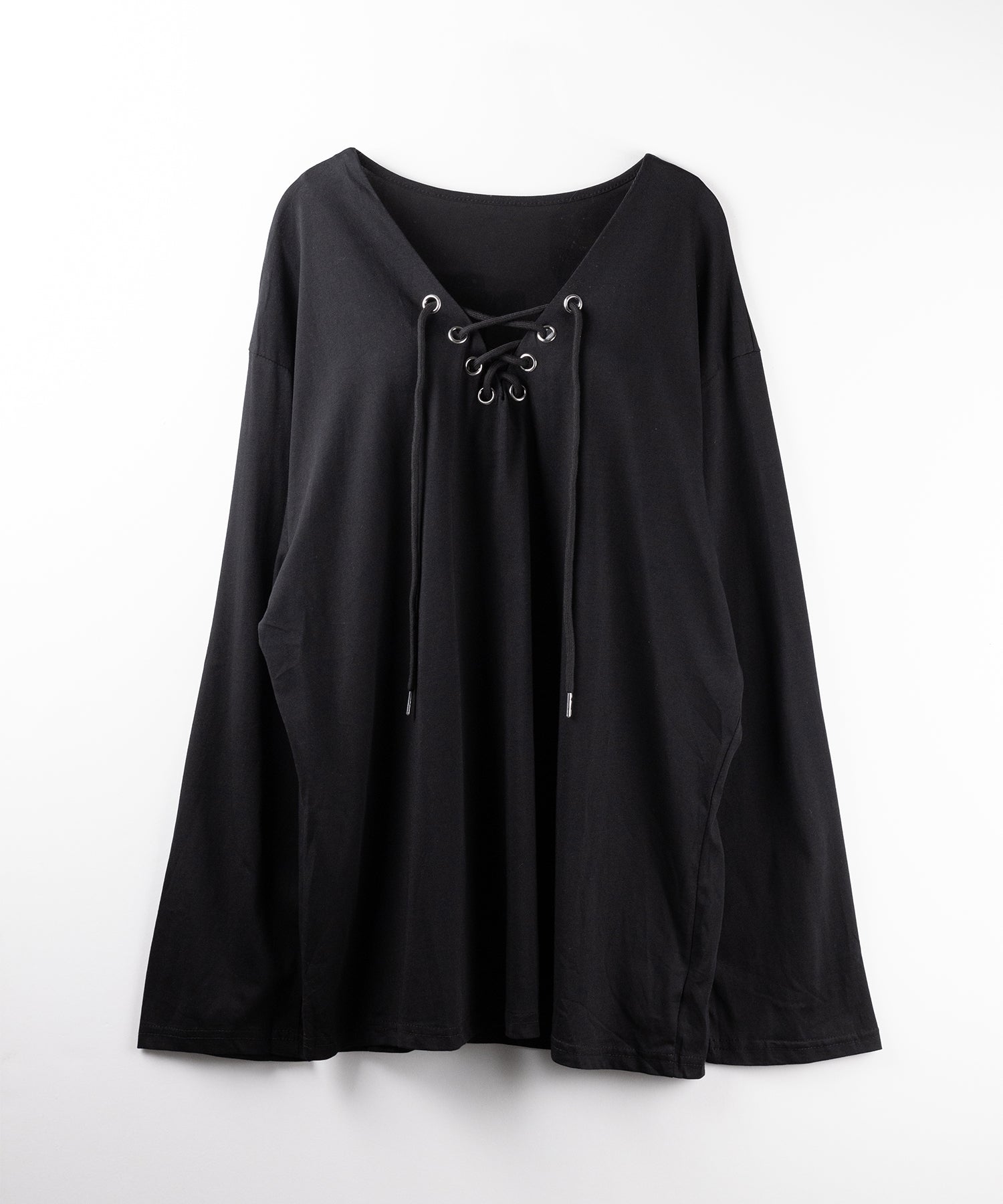 【 ２color 】レースアップルーズシルエット長袖ビッグTシャツ ／ laceup loose silhouette long sleeve big T-shirt