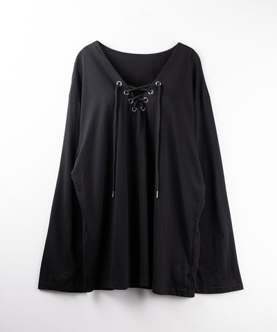 【 ２color 】レースアップルーズシルエット長袖ビッグTシャツ ／ laceup loose silhouette long sleeve big T-shirt
